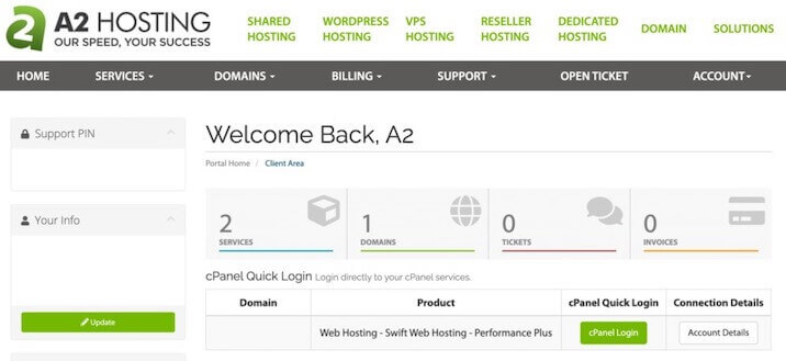 A screenshot from A2 hostings website of the cPanel.
