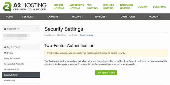 A screenshot of A2 hosting security settings for 2 factor authentication