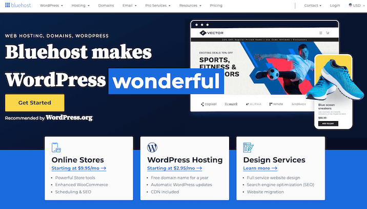 A screenshot of the Bluehost homepage for Bluehost review with the phrase "Bluehost makes wordpress wonderful."