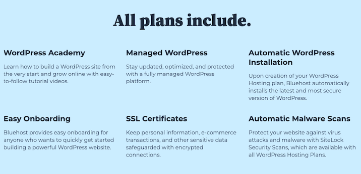 A screenshot from Bluehost website describing the features included in all shared hosting plans on a blue background with the words "all plans include".
