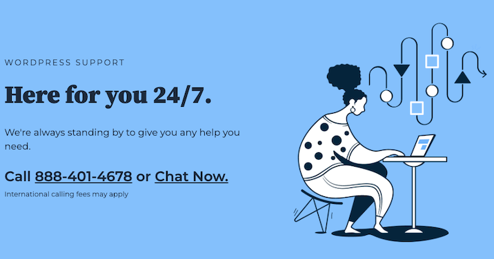 A screenshot from the Bluehost website of their customer support with a vector image a woman sitting at a computer with the words "Here for you 24/7."