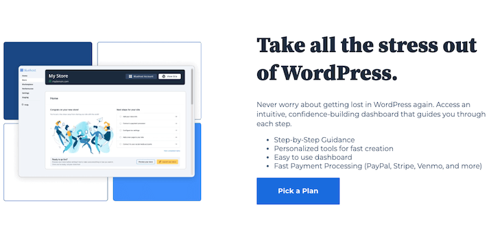 A screenshot from Bluehost website of the wordpress features and dashboard with the phrase "Take all the stress out of wordpress."