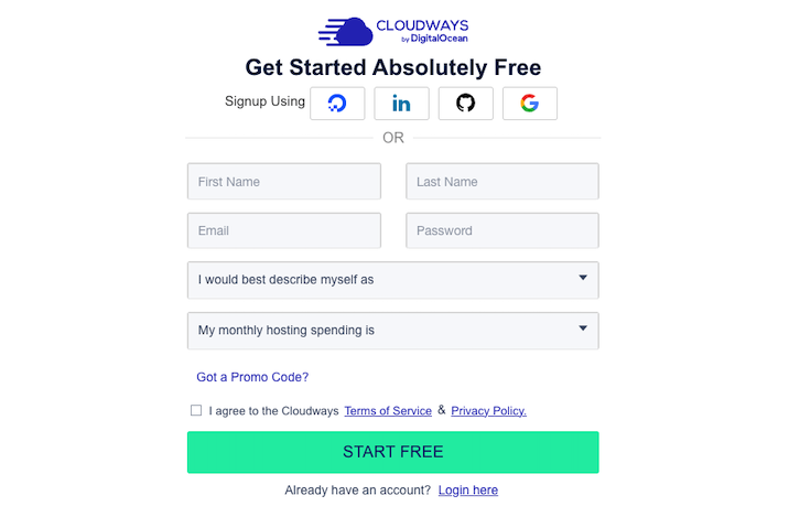 A screenshot of the Cloudways sign up page.