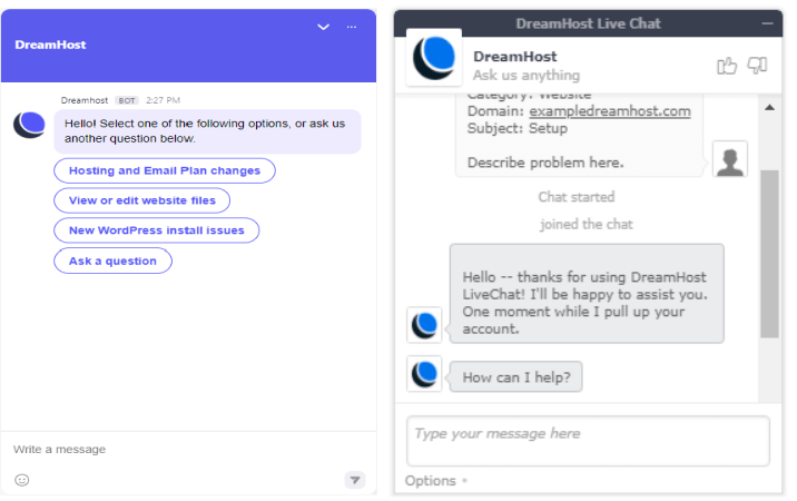 A screenshot of two live messages on a chat with DreamHost customer support