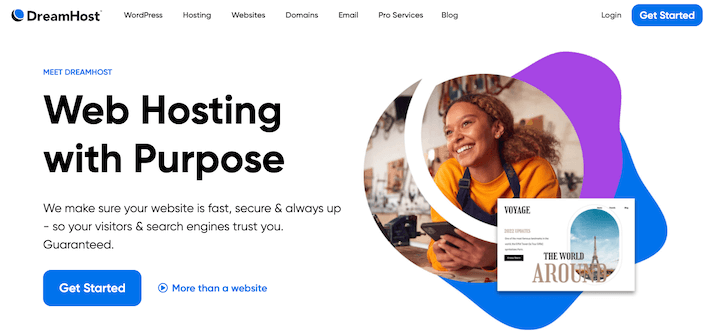 A screenshot of the DreamHost website for DreamHost review with the phrase "Web hosting with purpose."