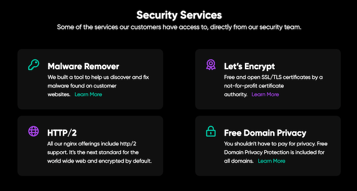 A screenshot from DreamHost website describing different security services. Four security services are shown on the screen.