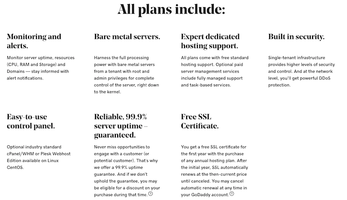 A screenshot from GoDaddy website describing the features of their dedicated hosting plans.