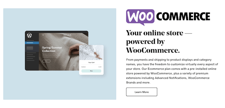 A screenshot from GoDaddy website describing the features of their dedicated hosting plans with phrase "Woocommerce - your online store powered by woocommerce."