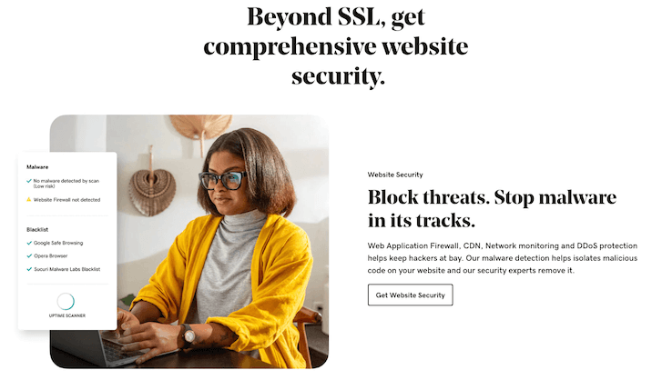 A screenshot from GoDaddy website describing their website security with the phrase "Beyond ssl, get comprehensive website security."