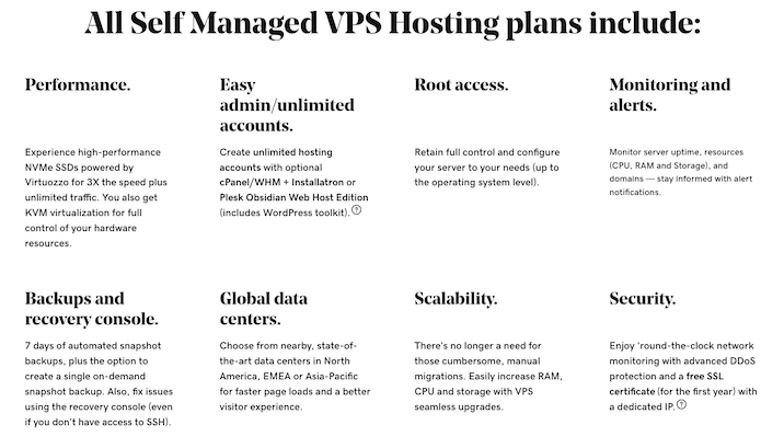 A screenshot from GoDaddy website describing their self managed vps hosting plans.