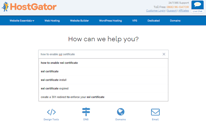 Image of HostGators knowledge base with the  phrase "How can hostgator help you?".