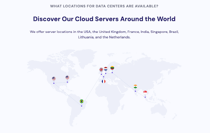 A screenshot from Hostinger website of their cloud server locations with the words "Discover our cloud servers around the world".