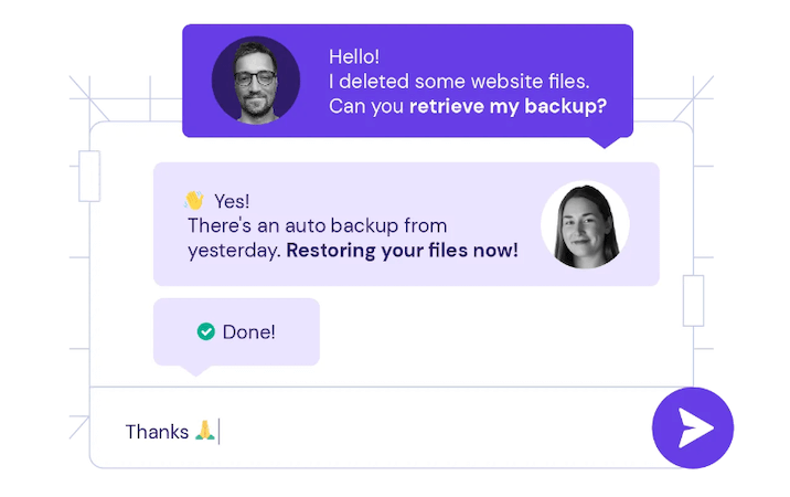 A screenshot from Hostinger website of their customer support and image of a conversation between two people who are talking about backups.