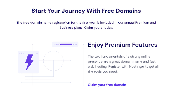 A screenshot from Hostinger website about free domain names with the words "Start your journey with free domains".
