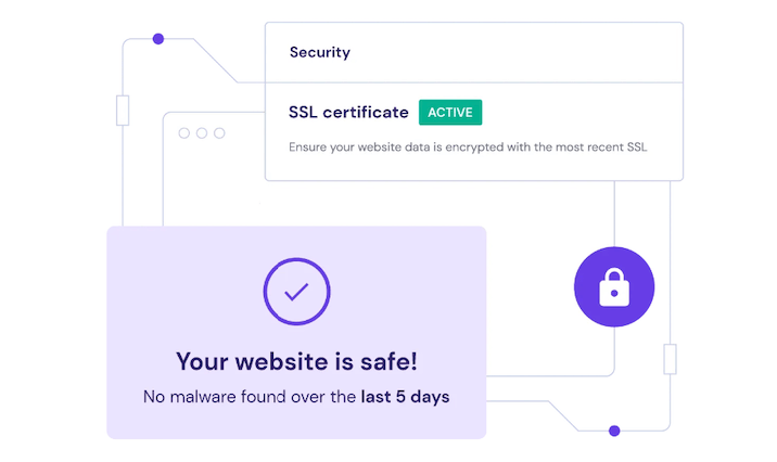 A screenshot from Hostinger website of an image depicting an update to website security and ssl certificate with the phrase "Your website is safe".