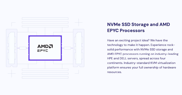 A screenshot from Hostinger website of an image depicting the EPYC processors used in their hosting plans with the words "NVMe SSD Storage and AMD EPYC Processors".