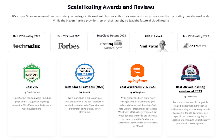 A screenshot from Scala hosting’s website describing their awards and reviews.