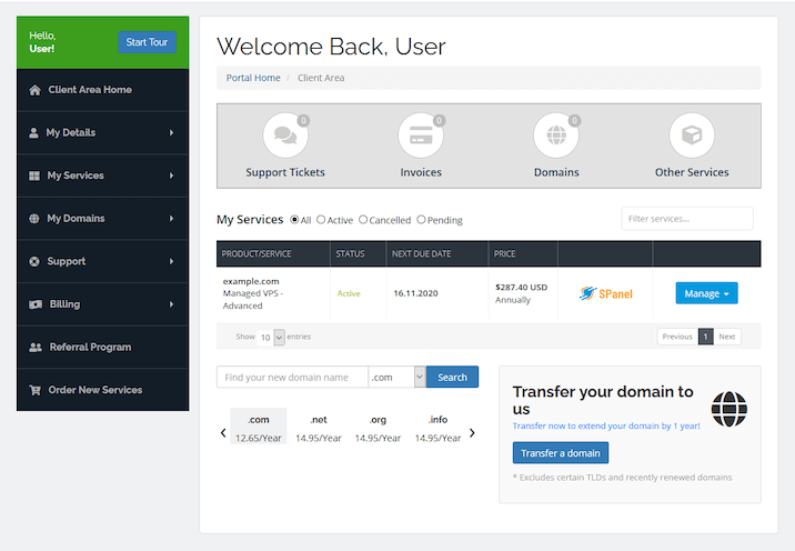 A screenshot of Scala hosting’s client dashboard.