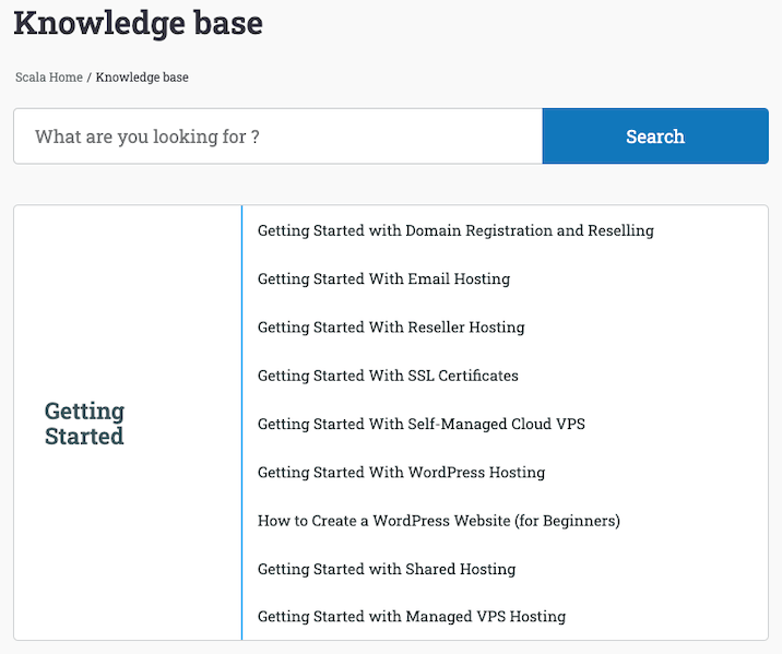 A screenshot from Scala hosting’s website of the knowledge base page.