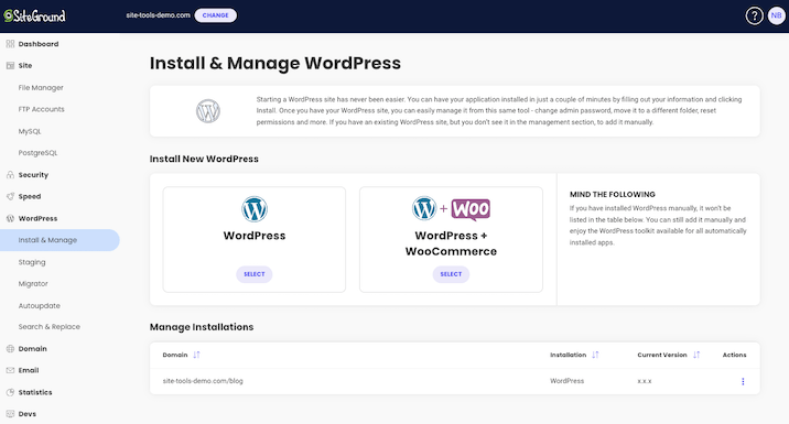 A screen shot of the install and manage wordpress from Sitegrounds site tools client portal.