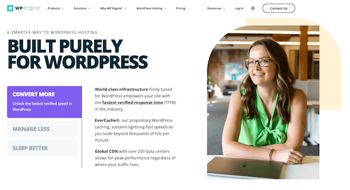 A screenshot of the WP Engine website for WP Engine review with an image of a wordpress website with a woman in a green shirt.